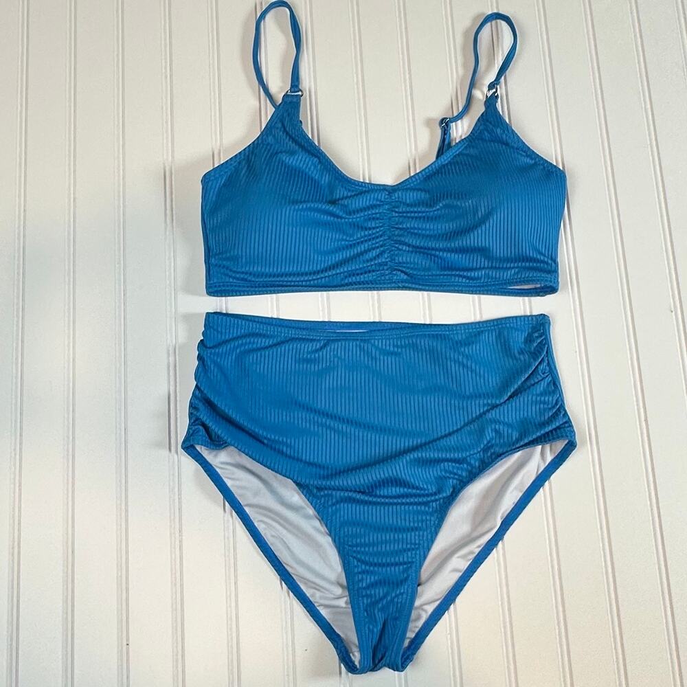 Women Blue Ribbed High Waisted Ruched Bikini Swimsuit 2 Piece Size L NWOT